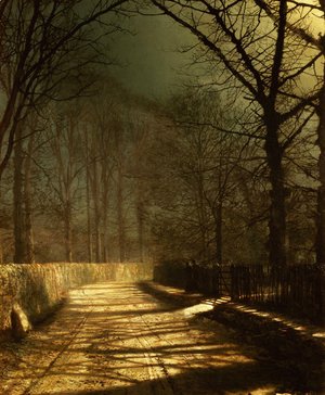 A Moonlit Lane with two lovers by a gate