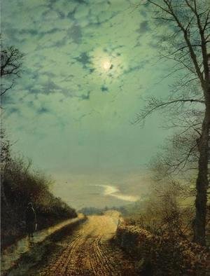John Atkinson Grimshaw - A Wet Road By Moonlight, Wharfedale