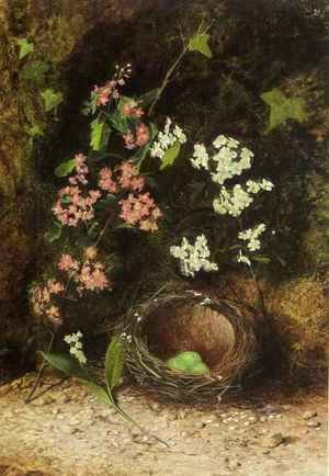 John Atkinson Grimshaw - Still Life Of Birds Nest With Primulas And Blossom