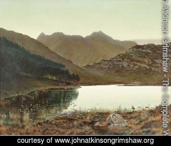 John Atkinson Grimshaw - Blea Tarn At First Light, Langdale Pikes In The Distance