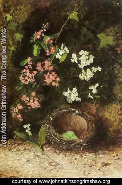 John Atkinson Grimshaw - Still Life Of Birds Nest With Primulas And Blossom