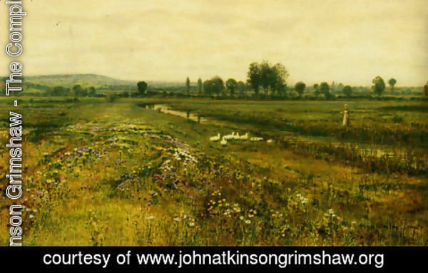 John Atkinson Grimshaw - An Extensive Meadow Landscape with Geese by a Stream